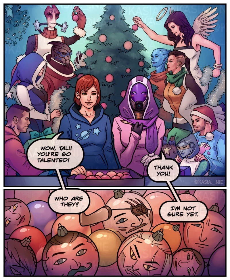 asari asari_(mass_effect) christmas christmas_ornaments christmas_tree comic commander_shepard commander_shepard_(female) edi_(mass_effect) garrus_vakarian geralt_of_rivia iron_bull jack_(mass_effect) james_vega joker_(mass_effect) kasia_nie kasumi_goto liara_t&#039;soni mass_effect_(series) miranda_lawson mordin_solus salarian tali&#039;zorah tumblr turian