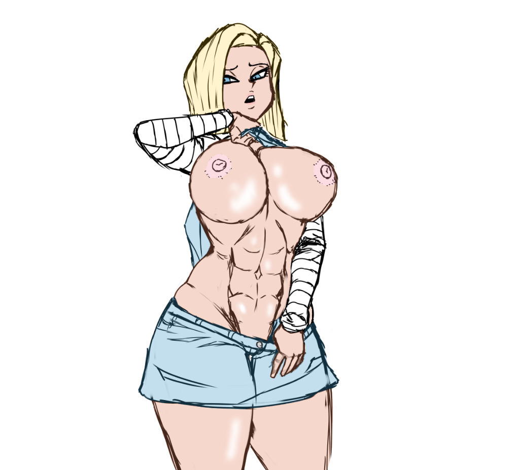 1girl abs android_18 blonde_hair blue_eyes breasts clothes_lift clothes_pull cowboy_shot dragon_ball dragonball_z facing_viewer kokobiel large_breasts looking_at_viewer miniskirt muscular muscular_female self_exposure shirt_lift shorts shorts_pull simple_background skirt skirt_pull solo standing white_background