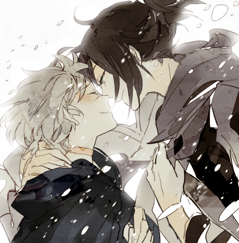 2boys black_jacket black_vest blush closed_eyes closed_mouth collared_jacket couple fingernails fringe_trim from_side grey_eyes grey_hair grey_scarf hand_on_another&#039;s_neck hood hood_down hooded_jacket imminent_kiss jacket jacket_on_shoulders long_sleeves lowres male_focus multiple_boys nervous nezumi_(no.6) no.6 noses_touching parted_lips pointy_nose scarf shion_(no.6) shirt short_hair snowing suou_(sdurorhr) upper_body vest wavy_mouth white_background white_jacket white_shirt yaoi