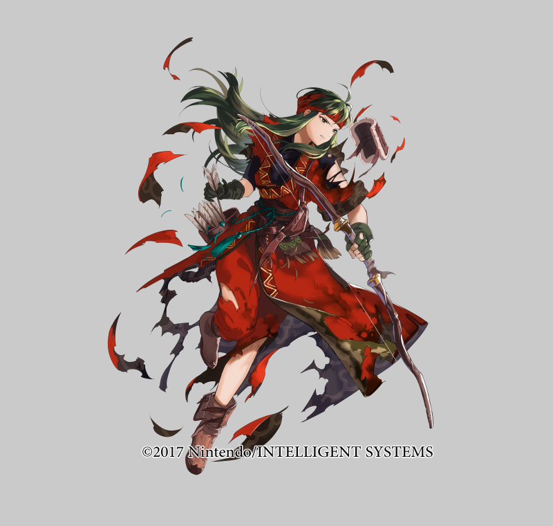1girl armor arrow_(projectile) belt boots bow_(weapon) brown_boots clenched_teeth copyright_notice fingerless_gloves fire_emblem fire_emblem:_the_binding_blade fire_emblem_heroes full_body gloves green_eyes green_hair grey_background headband mayo_(becky2006) nintendo official_art sue_(fire_emblem) teeth weapon