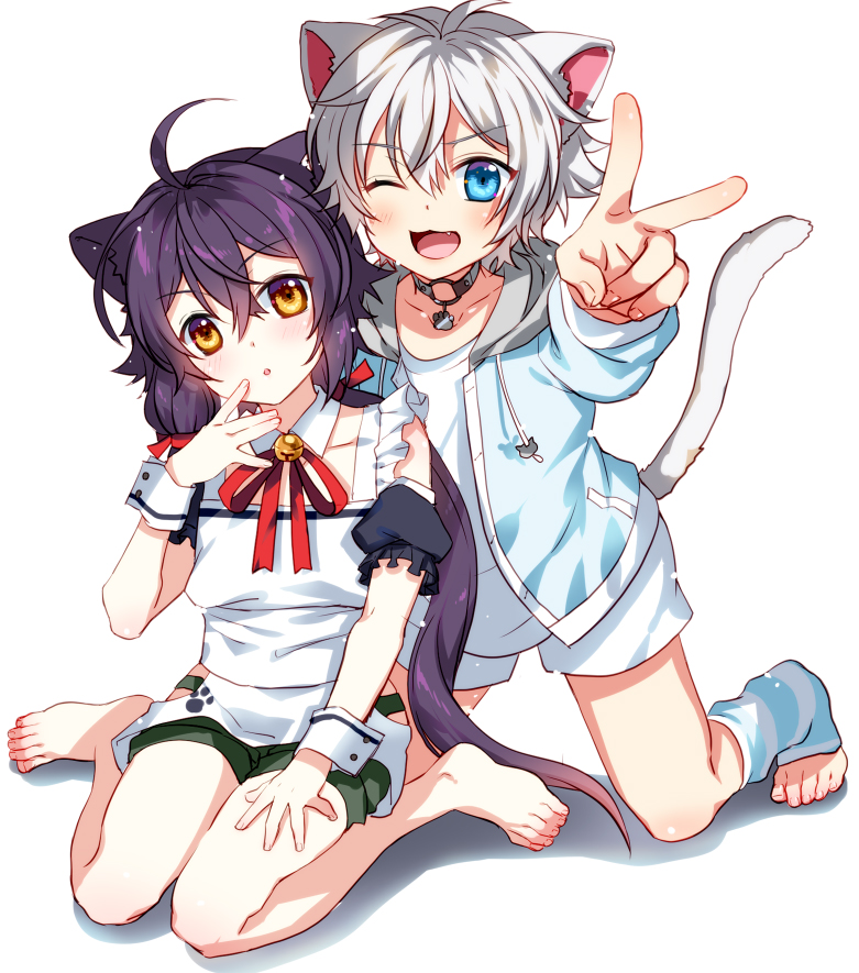 1boy 1girl animal_ears black_hair blue_eyes brown_hair cat_boy cat_ears cat_tail child ginjiro_(ginziro525) ginjiro_(vtuber) grey_hair indie_virtual_youtuber long_hair looking_at_viewer male_focus one_eye_closed original tail twintails very_long_hair virtual_youtuber white_background white_hair