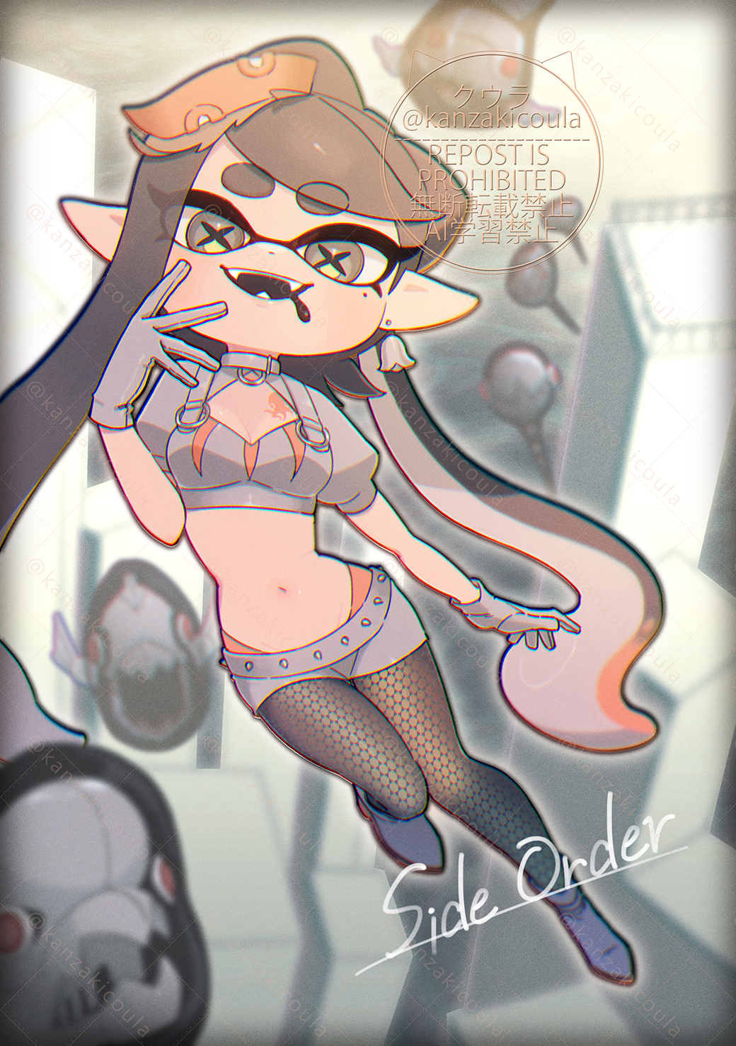 1girl battering_lento black_hair black_pantyhose boots breasts callie_(splatoon) chest_tattoo choker cleavage collar commentary_request copyright_name coula_cat dot_nose drooling earrings english_text eyebrows_hidden_by_hair fangs fishnet_pantyhose fishnets food-themed_hair_ornament full_body gloves gradient_hair grey_eyes grey_gloves grey_shorts grey_sports_bra hair_ornament hand_on_own_cheek hand_on_own_face highres ink inkling jelleton jewelry long_hair looking_at_viewer lowleg lowleg_shorts marching_andante medium_breasts midriff mole mole_under_eye multicolored_hair navel nintendo non-humanoid_robot o-ring o-ring_choker panty_straps pantyhose pink_hair pointy_ears puffy_short_sleeves puffy_sleeves red_eyes robot short_shorts short_sleeves shorts shrug_(clothing) single_earring solo_focus spiked_belt splatoon_(series) splatoon_3 splatoon_3:_side_order sports_bra swept_bangs symbol-shaped_pupils tattoo thick_eyebrows twitter_username two-tone_hair very_long_hair watermark watermark_grid white_boots x-shaped_pupils