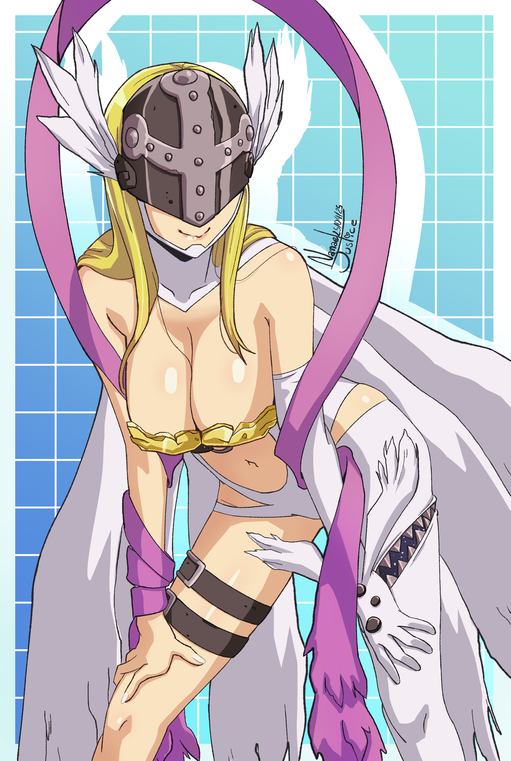 1girl absurdres angel angewomon artist_name bare_shoulders blonde_hair blue_background bodysuit boobplate border breastplate breasts cleavage clothing_cutout covered_eyes cowboy_shot digimon digimon_(creature) helmet helmet_over_eyes highres large_breasts long_hair multiple_wings nanaeljustice purple_ribbon ribbon simple_background solo stomach_cutout thigh_strap white_bodysuit white_border white_wings winged_helmet wings zipper