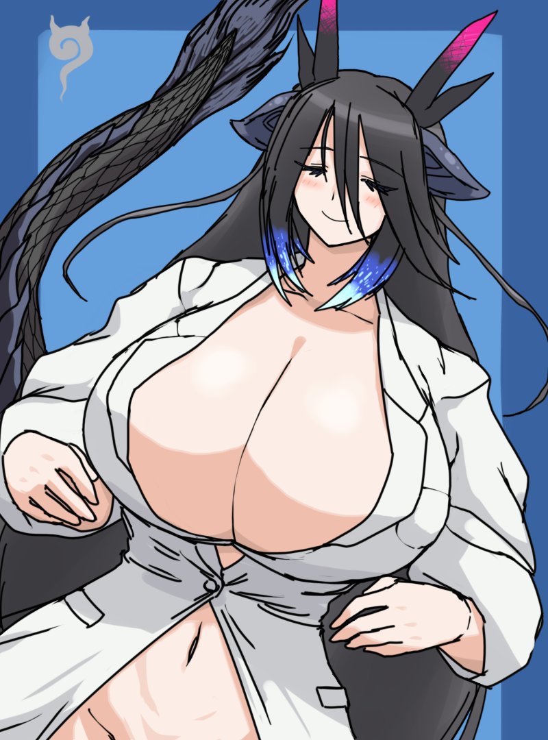 1girl animal_ears black_dragon_(kemono_friends) black_hair blue_hair blush bottomless breasts cleavage closed_eyes closed_mouth collarbone dragon_ears dragon_girl dragon_horns dragon_tail horns huge_breasts japari_symbol kemono_friends kemono_friends_3 kusamogura long_hair multicolored_hair multicolored_horns naked_shirt no_bra open_clothes open_shirt pink_horns purple_horns shirt smile solo tail white_shirt