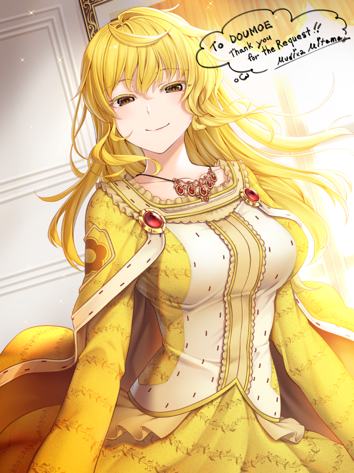 1girl ahoge blonde_hair breasts closed_mouth colored_eyelashes commentary_request commission english_text indoors isabeau_de_baviere_(madoka_magica) jewelry large_breasts long_hair long_sleeves looking_at_viewer mahou_shoujo_madoka_magica mahou_shoujo_tart_magica messy_hair mitama_mudimudi pendant signature skeb_commission skirt smile solo upper_body yellow_eyes yellow_skirt