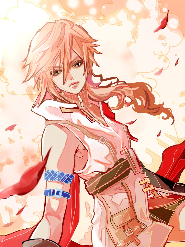 1girl arm_strap armpit_crease bare_shoulders breasts closed_mouth commentary cowboy_shot falling_petals final_fantasy final_fantasy_xiii hair_between_eyes jacket lightning_farron lips long_hair looking_to_the_side miniskirt mochi_(hanamaruudondesu) petals pink_hair ribbed_sweater skirt sleeveless sleeveless_jacket sleeveless_turtleneck small_breasts solo sweater turtleneck turtleneck_sweater white_jacket zipper