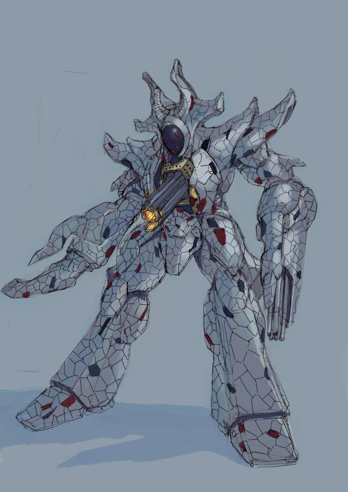 arm_cannon deathfacer full_body grey_background leaning_forward looking_down mecha no_humans robot science_fiction shadow tokusatsu ultra_series ultraman_dyna_(series) ultraman_tiga_&amp;_ultraman_dyna:_hikari_no_hoshi_no_senshi-tachi ultraman_tiga_(series) vaison weapon
