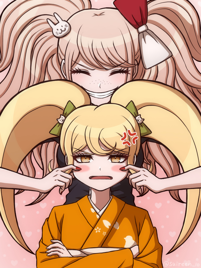 2girls anger_vein black_shirt blonde_hair blush bow cat_hair_ornament closed_eyes cosplay crossed_arms danganronpa:_trigger_happy_havoc danganronpa_(series) danganronpa_2:_goodbye_despair enoshima_junko enoshima_junko_(cosplay) facing_viewer freckles green_bow grin hair_bow hair_ornament ikusaba_mukuro japanese_clothes kimono long_sleeves multiple_girls nail_polish orange_eyes orange_kimono rabbit_hair_ornament red_nails saionji_hiyoko shirt smile suiren_yurei teeth twintails upper_body