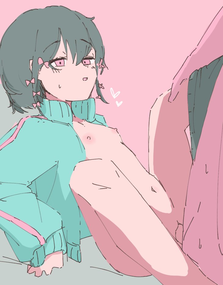 1boy 1girl aqua_jacket black_hair bow breasts hair_bow heart hetero jacket kuenaimono kurari-chan_(iyowa) kyu-kurarin_(cevio) long_sleeves multiple_hair_bows naked_jacket navel nipples open_clothes open_jacket penis pink_background pink_bow pink_eyes pussy sex short_hair small_breasts solo_focus track_jacket uncensored vaginal