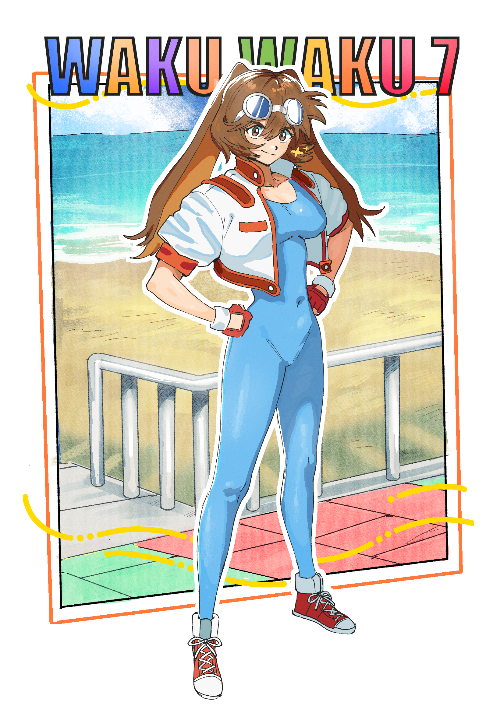 beach blue_bodysuit bodysuit breasts brown_eyes brown_hair colored_inner_hair copyright_name covered_navel fingerless_gloves full_body gloves goggles hair_between_eyes hands_on_own_hips highres jacket makihara_arina matheus_felipe medium_breasts multicolored_hair outdoors railing red_gloves red_shoes shoes smile sneakers standing twintails waku_waku_7 white_jacket