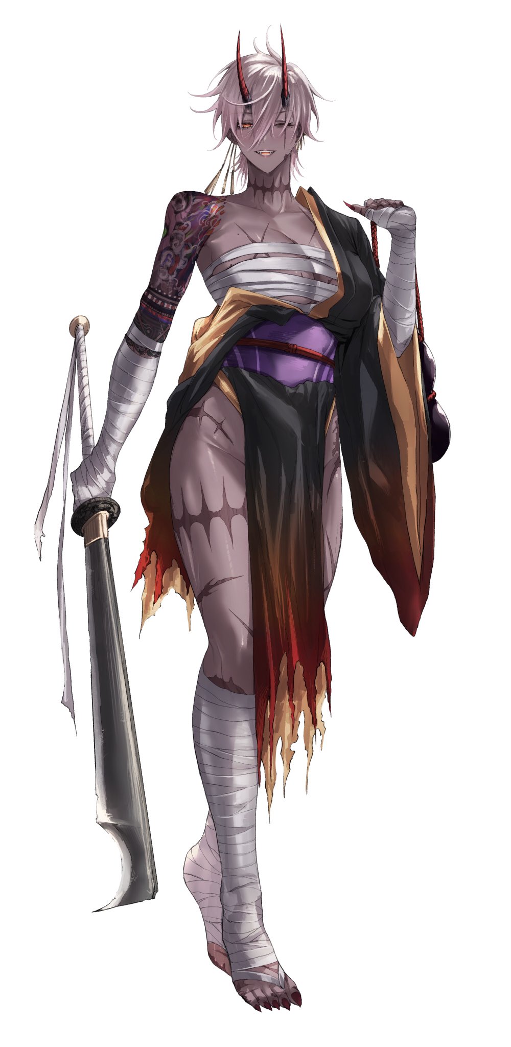 1girl arm_tattoo bandaged_arm bandaged_chest bandaged_leg bandages black_kimono breasts brown_hair dark-skinned_female dark_skin demon_horns full_body gradient_clothes highres holding holding_sword holding_weapon horns japanese_clothes kimono medium_breasts one_eye_closed oni open_mouth orange_eyes original red_nails scar scar_on_arm scar_on_breasts scar_on_chest scar_on_leg scar_on_neck short_hair solo sword tattoo teeth ulularts weapon