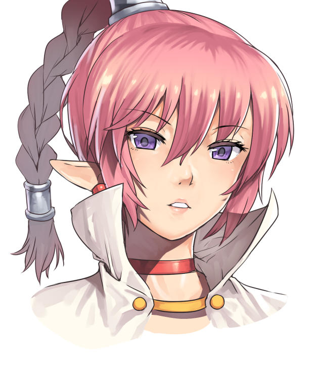 1990s_(style) 1boy blush braid cape choker chrono_(series) chrono_trigger earrings flea_(chrono_trigger) high_ponytail jewelry long_hair male_focus male_with_breasts nagase_haruhito open_mouth pink_hair pointy_ears ponytail portrait purple_eyes retro_artstyle simple_background single_braid solo square_enix trap white_background