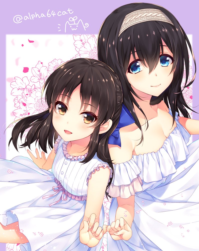 2girls alpha_(yukai_na_nakamatachi) arm_support bare_shoulders black_hair blue_eyes blue_ribbon blush bow breasts brown_eyes cleavage collarbone detached_sleeves dress dress_bow falling_petals floral_background frilled_dress frilled_sleeves frills from_above grid_background hair_between_eyes hair_ribbon hairband idolmaster idolmaster_cinderella_girls idolmaster_cinderella_girls_starlight_stage large_breasts long_hair looking_at_viewer looking_up multiple_girls open_mouth outside_border petals pink_bow pinky_swear purple_background ribbon sagisawa_fumika short_sleeves sitting sleeveless sleeveless_dress small_breasts smile striped_clothes striped_dress tachibana_arisu twitter_username white_dress