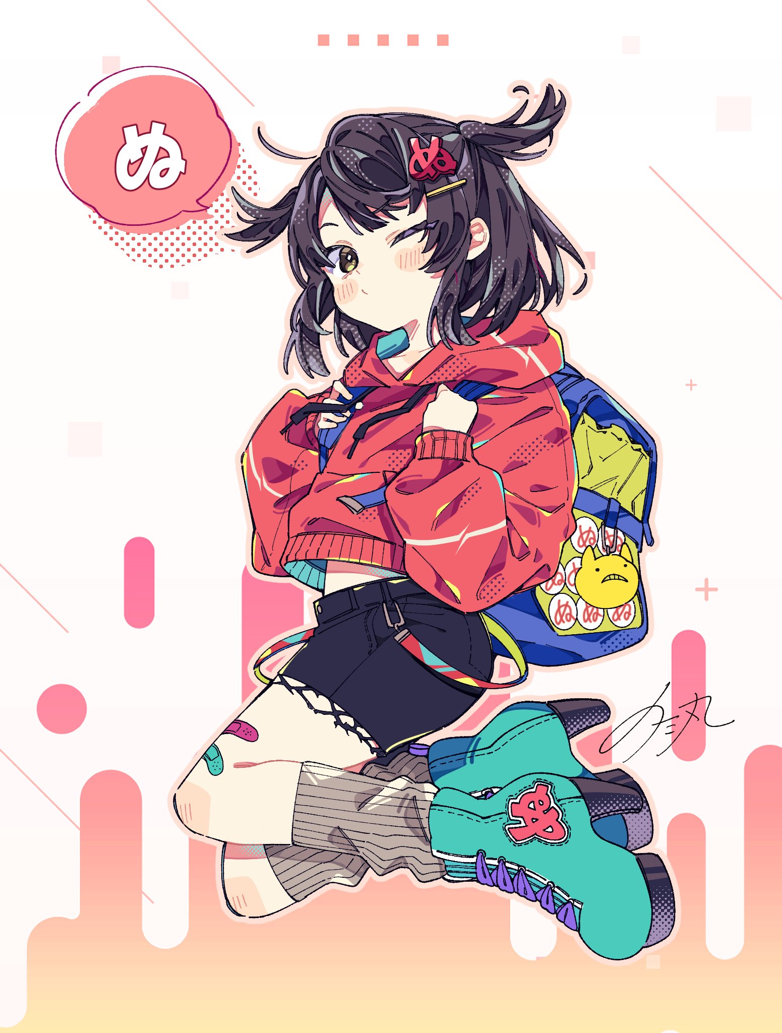 1girl backpack bag black_hair black_shorts blush boots closed_mouth commentary_request drawstring full_body green_boots grey_socks hair_ornament hairclip high_heel_boots high_heels highres hood hood_down hoodie letter_hair_ornament long_sleeves looking_at_viewer notamaru_2 one_eye_closed orange_outline original outline red_hoodie ribbed_socks short_hair shorts signature socks solo speech_bubble white_background yellow_eyes