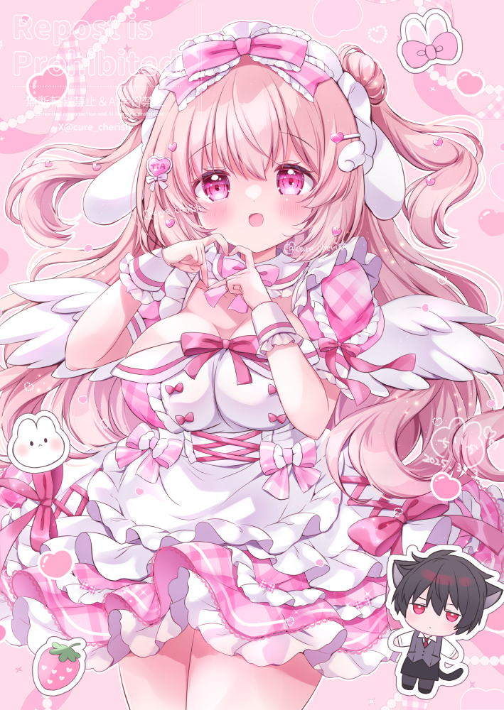 1boy 1girl animal_ears apron black_apron black_hair black_pants bow breasts cat_boy cat_ears cat_tail chibi chibi_inset chiika_(cure_cherish) closed_mouth cowboy_shot detached_collar dress expressionless grey_vest hair_bow hair_bun hair_ornament hairclip heart heart_hair_ornament heart_hands heart_hands_duo jitome large_breasts long_hair lop_rabbit_ears maid_apron original paid_reward_available pants pink_background pink_bow pink_dress pink_hair pink_theme plaid_clothes plaid_dress puffy_short_sleeves puffy_sleeves rabbit_ears red_eyes shirt short_sleeves tail tia_(chiika_cure_cherish) two_side_up vest watermark white_apron white_shirt wing_hair_ornament