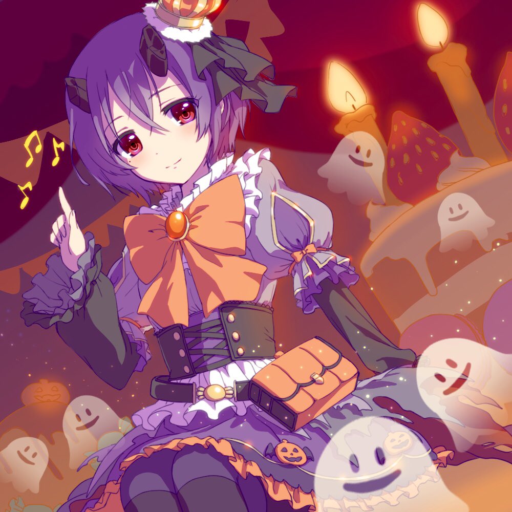 1girl blush demon_girl demon_horns halloween halloween_costume horns kaiba_tomoyuki looking_at_viewer princess_connect! purple_hair red_eyes shinobu_(princess_connect!) skirt