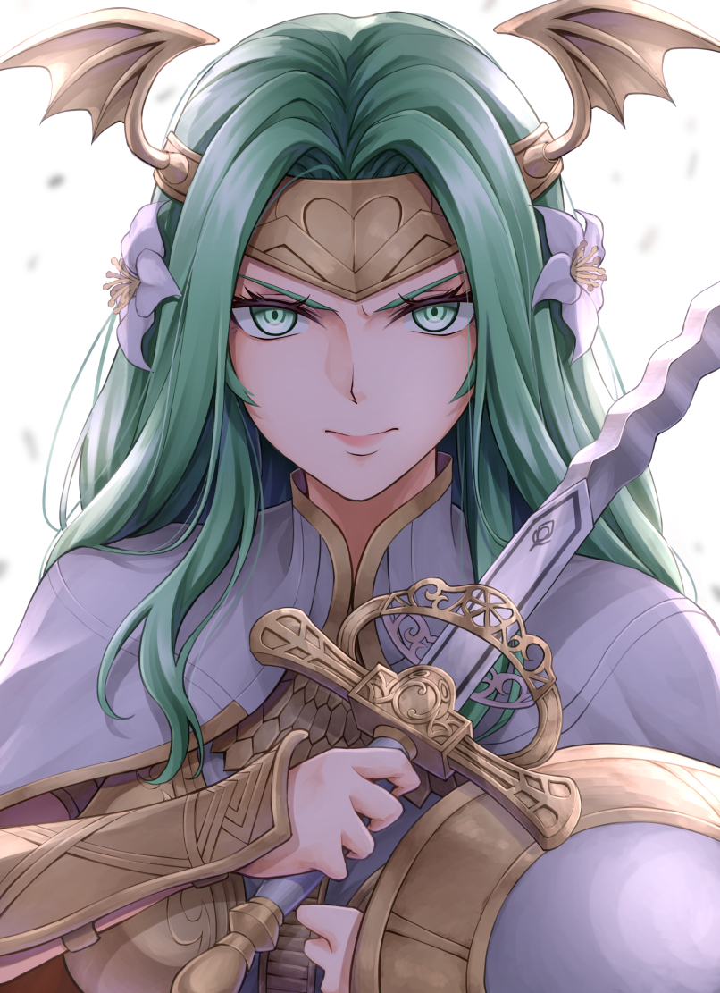 1girl crests_(fire_emblem) fire_emblem fire_emblem:_three_houses flower gauntlets green_eyes green_hair hair_flower hair_ornament helmet holding holding_sword holding_weapon looking_at_viewer nintendo seiros_(fire_emblem) seiros_shield serious simple_background solo sword sword_of_seiros ten_(tenchan_man) v-shaped_eyebrows weapon white_background white_flower winged_helmet