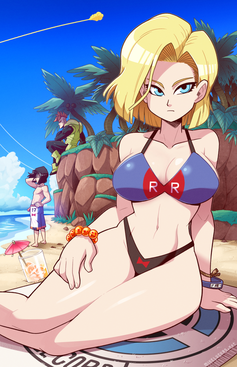 1girl 2boys android_16 android_17 android_18 artist_name bare_shoulders beach bikini black_hair blonde_hair blue_sky bracelet breasts brother_and_sister capsule_corp cleavage cloud cocktail_umbrella cup day dragon_ball dragon_ball_(object) dragonball_z feet_out_of_frame flying_nimbus grass highres ice ice_cube jewelry large_breasts leaf male_swimwear mike_luckas multiple_boys navel ocean outdoors red_ribbon_army sand short_hair siblings sitting sky solo_focus standing swim_trunks swimsuit tree twins watermark web_address