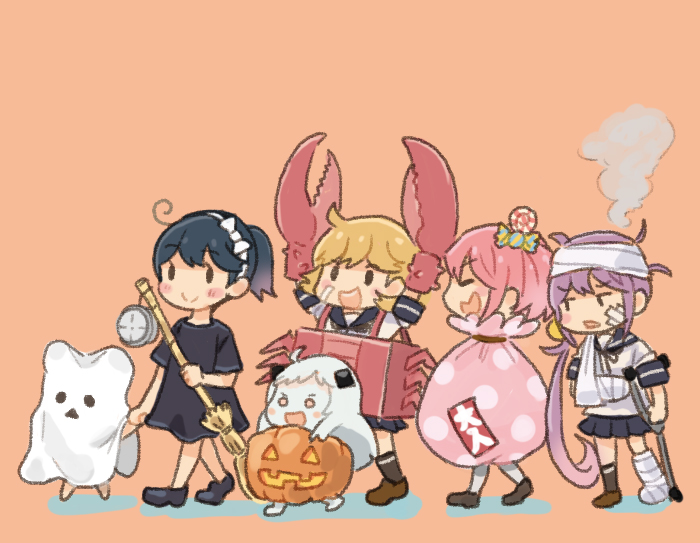 6+girls ahoge akebono_(kancolle) bandages bell black_footwear black_hair black_socks broom brown_footwear candy_hair_ornament chibi clothesline commentary_request crab crutch food-themed_hair_ornament ghost_costume hair_bell hair_ornament hair_ribbon halloween halloween_costume jack-o&#039;-lantern kantai_collection light_brown_hair multiple_girls neck_ribbon northern_little_sister oboro_(kancolle) pink_hair ponytail purple_hair ribbon saiguchi_otoufu sazanami_(kancolle) school_uniform searchlight serafuku shoes simple_background socks triangle_mouth ushio_(kancolle) white_ribbon white_socks yukikaze_(kancolle)