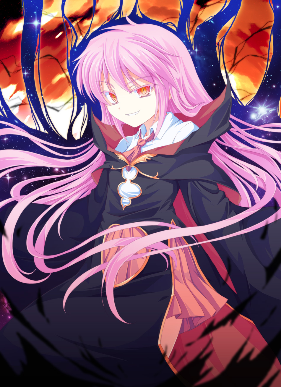 1girl alice_soft evil_grin evil_smile female_focus gradient_background grin highres kurusu_miki long_hair pink_hair rance_(series) red_eyes sengoku_rance slit_pupils smile solo star_(sky) tri