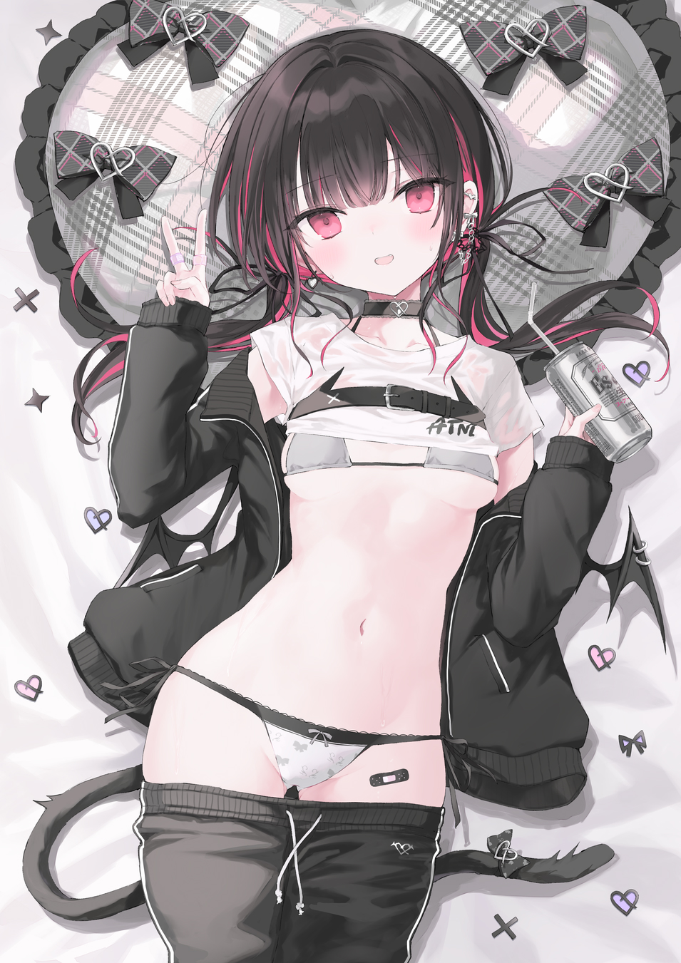 bandaid bandaid_on_hand bandaid_on_thigh beer_can belt_buckle bikini black_choker black_hair black_jacket black_pants bow breasts buckle can cat_tail chest_belt choker clothes_lift clothes_pull colored_inner_hair commentary cowboy_shot demon_wings drink_can drinking_straw ear_chain ear_piercing earrings halterneck heart highres indie_virtual_youtuber jacket jewelry linked_piercing long_hair multicolored_hair nanananana navel open_clothes open_jacket pants pants_pull piercing pink_eyes pink_hair rikotan_(vtuber) shirt shirt_lift small_breasts stomach swimsuit tail tail_bow tail_ornament track_pants two-tone_hair v virtual_youtuber white_shirt wings