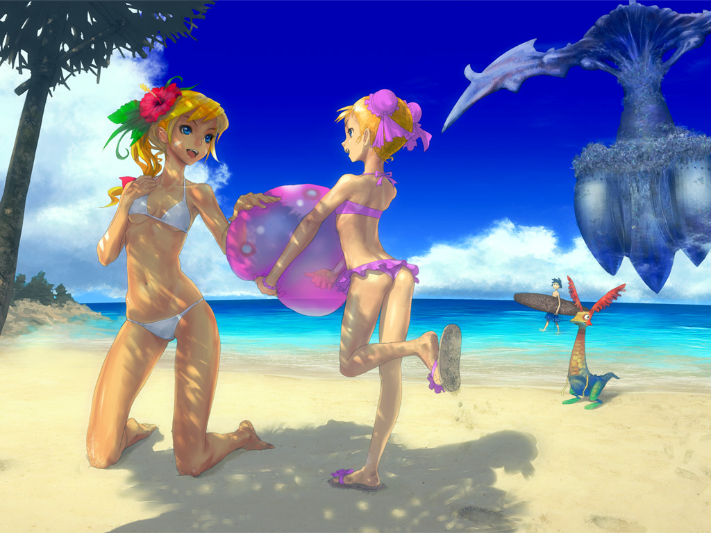 1boy 2girls barefoot beach bikini bikini_skirt blonde_hair blue_eyes chrono_(series) chrono_cross day dirty dirty_feet double_bun feet flip-flops flower hair_bun kid_(chrono_cross) komodo_dragon marcy_(chrono_cross) monster multiple_girls open_mouth orange_hair outdoors palm_tree redjuice sand sandals serge_(chrono_cross) smile surfboard swimsuit thong_bikini tree