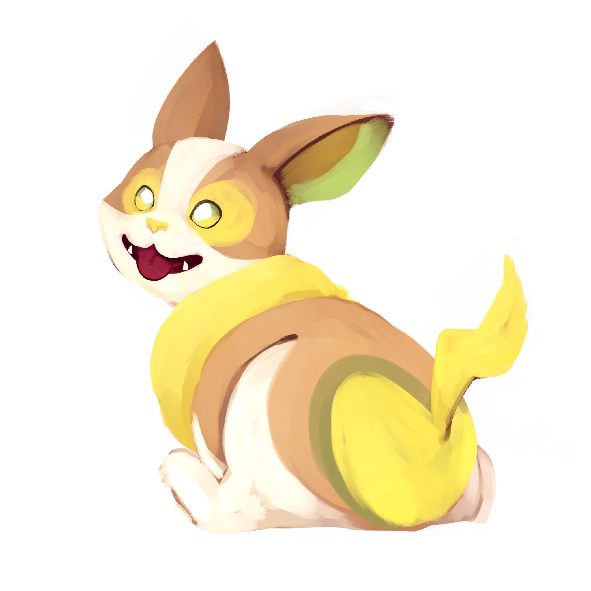 animal_focus commentary creature dog english_commentary fangs full_body gen_8_pokemon highres looking_at_viewer looking_back nintendo no_humans pokemon pokemon_(creature) ruderubicante simple_background sitting solo tongue tongue_out white_background yamper yellow_eyes