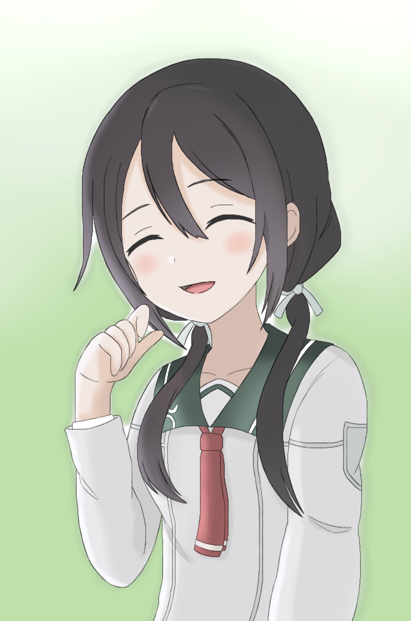 1girl ^_^ black_hair blush closed_eyes collarbone efkbcy1oveu6taw facing_viewer gradient_background green_background green_sailor_collar hair_between_eyes hair_over_shoulder hair_ribbon hand_up highres kusunoki_mebuki kusunoki_mebuki_wa_yuusha_de_aru long_hair long_sleeves low_twintails neckerchief necktie open_mouth red_neckerchief red_necktie ribbon sailor_collar sailor_shirt school_uniform serafuku shirt simple_background smile solo twintails upper_body white_ribbon white_shirt yuusha_de_aru