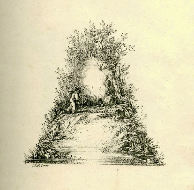 1girl 2boys a_(letter) artist_name campfire carrying_over_shoulder cauldron cooking forest l_e_m_jones looking_to_the_side monochrome multiple_boys mushroom nature on_ground original outdoors slice_of_life smoke stream third-party_source traditional_media tree walking