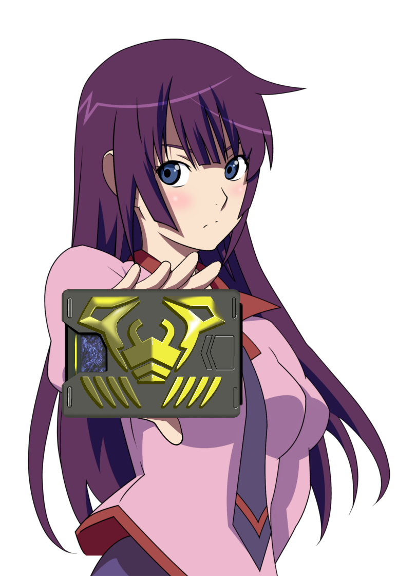 1girl bakemonogatari breasts female_focus kamen_rider kamen_rider_ryuki_(series) kamen_rider_scissors min_(westsign2170) monogatari_(series) senjougahara_hitagi simple_background solo white_background