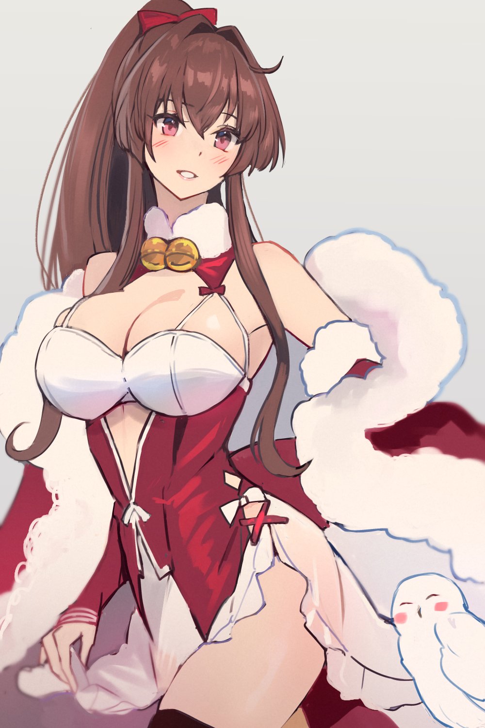 1girl bare_shoulders bell bird blush bow breasts brown_hair cleavage cosplay detached_sleeves dress fur_trim grey_background hair_between_eyes hair_bow highres johnston_(christmas)_(kancolle) johnston_(kancolle) johnston_(kancolle)_(cosplay) kantai_collection kasumi_(skchkko) large_breasts long_hair neck_bell owl ponytail red_bow red_dress red_eyes sidelocks simple_background very_long_hair yamato_(kancolle)