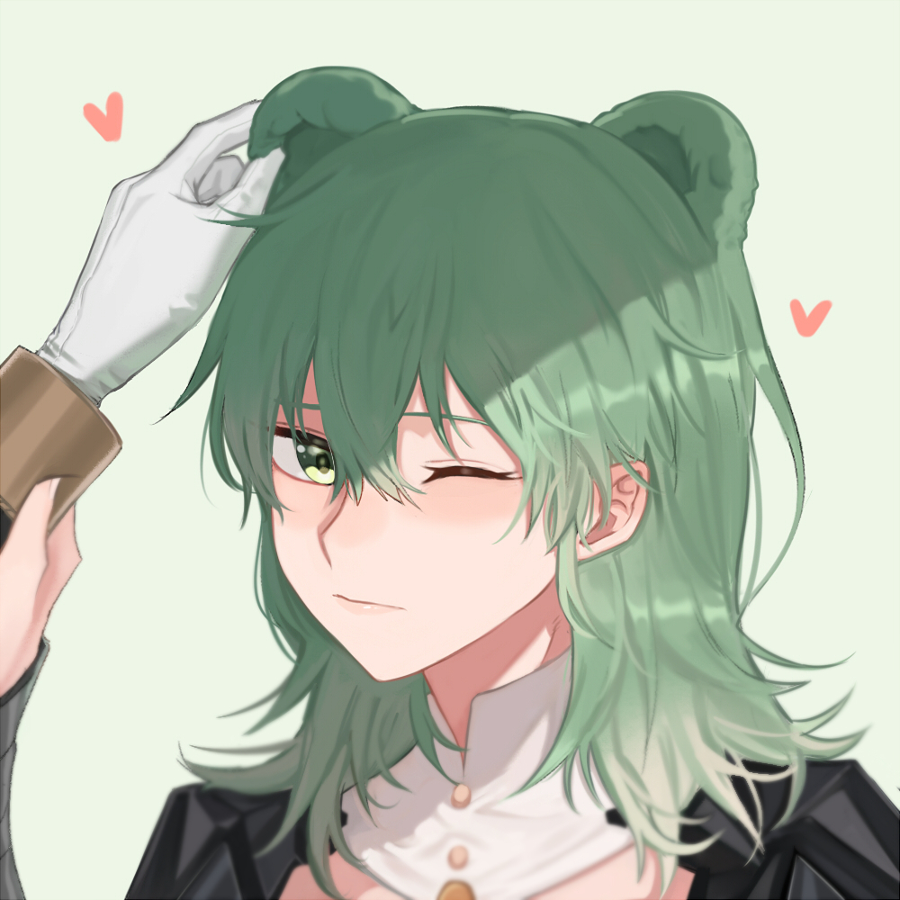 2girls animal_ears black_cloak blush female_byleth_(enlightened)_(fire_emblem) female_byleth_(fire_emblem) cloak closed_mouth detached_collar edelgard_von_hresvelg fire_emblem fire_emblem:_three_houses gloves grabbing_another&#039;s_ear green_eyes green_hair grey_background hair_between_eyes hand_on_another&#039;s_ear headpat heart kemonomimi_mode kotori_(b-i-r-d) lips looking_at_viewer medium_hair multiple_girls nintendo one_eye_closed out_of_frame simple_background solo_focus white_gloves