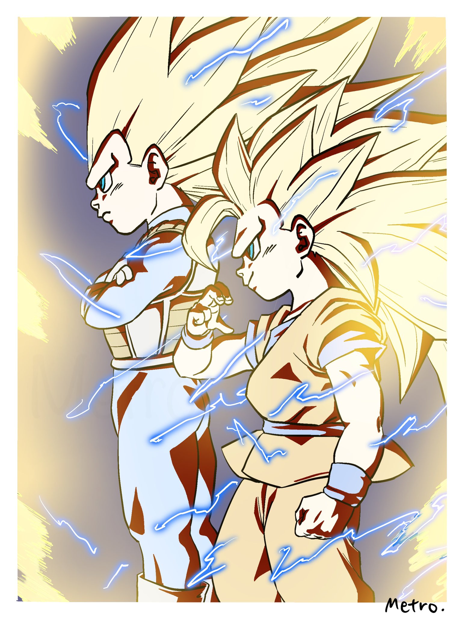 2boys aura blue_bodysuit blue_shirt bodysuit border chibi crossed_legs dougi dragon_ball dragon_ball_daima electricity from_side green_eyes highres long_hair male_focus multiple_boys no_eyebrows orange_pants orange_tunic pants profile saiyan_armor shirt son_goku spiked_hair super_saiyan super_saiyan_3 tunic vegeta white_border yamuchasiyagatte