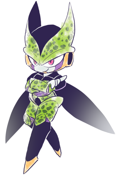 1boy black_skin black_wings cell_(dragon_ball) chibi chibi_only closed_mouth colored_skin commentary crossed_arms dragon_ball dragon_ball_super dragonball_z full_body green_skin in_air male_focus midair multicolored_skin perfect_cell pink_eyes purple_skin shiny_skin simple_background smile smug spots white_background white_skin wings yellow_skin