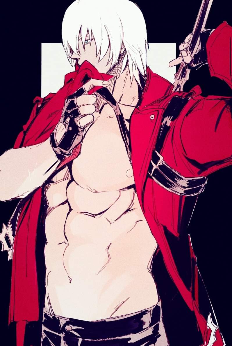 1boy belt_bra bishounen blue_eyes coat dante_(devil_may_cry) devil_may_cry devil_may_cry_(series) devil_may_cry_3 fingerless_gloves from_side gloves holding minoxis muscular muscular_male open_clothes open_coat profile rebellion_(sword) red_coat solo sword toned toned_male topless_male weapon white_hair