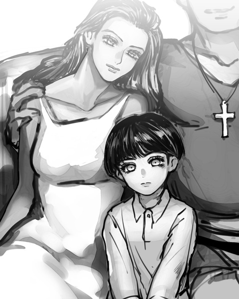 1girl 2boys aged_down breasts closed_mouth collarbone commentary_request cross cross_necklace dress family giorno&#039;s_mother giorno_giovanna hand_on_another&#039;s_shoulder haruno_shiobana head_tilt husband_and_wife jewelry jojo_no_kimyou_na_bouken large_breasts light_smile lips long_hair long_sleeves looking_at_viewer monochrome mother_and_son multiple_boys necklace pants shirt short_hair sitting vento_aureo zakki