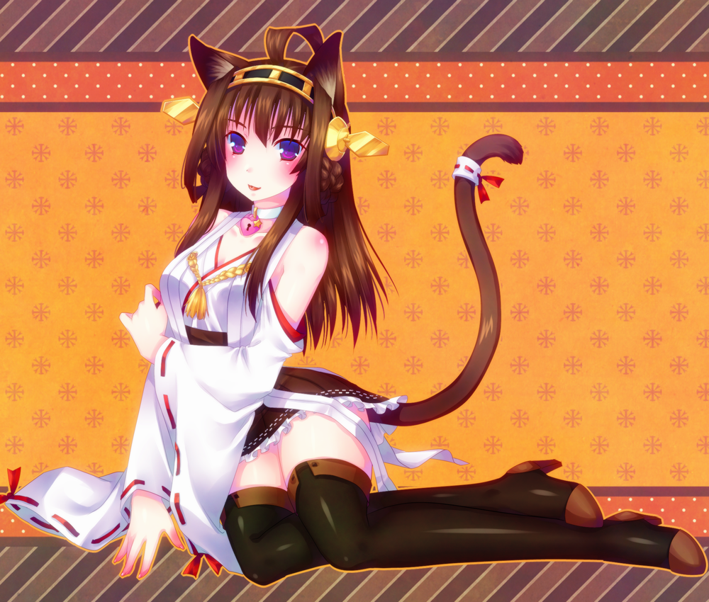 10s 1girl :p ahoge animal_ears bad_id bad_pixiv_id brown_hair cat_ears cat_tail detached_sleeves door_to_heaven female_focus hairband heart heart-shaped_lock japanese_clothes jewelry kantai_collection kemonomimi_mode kongou_(kancolle) lock long_hair looking_at_viewer necklace nontraditional_miko purple_eyes ribbon solo star_(symbol) tail tail_ornament tail_ribbon thighhighs tongue tongue_out wide_sleeves zettai_ryouiki