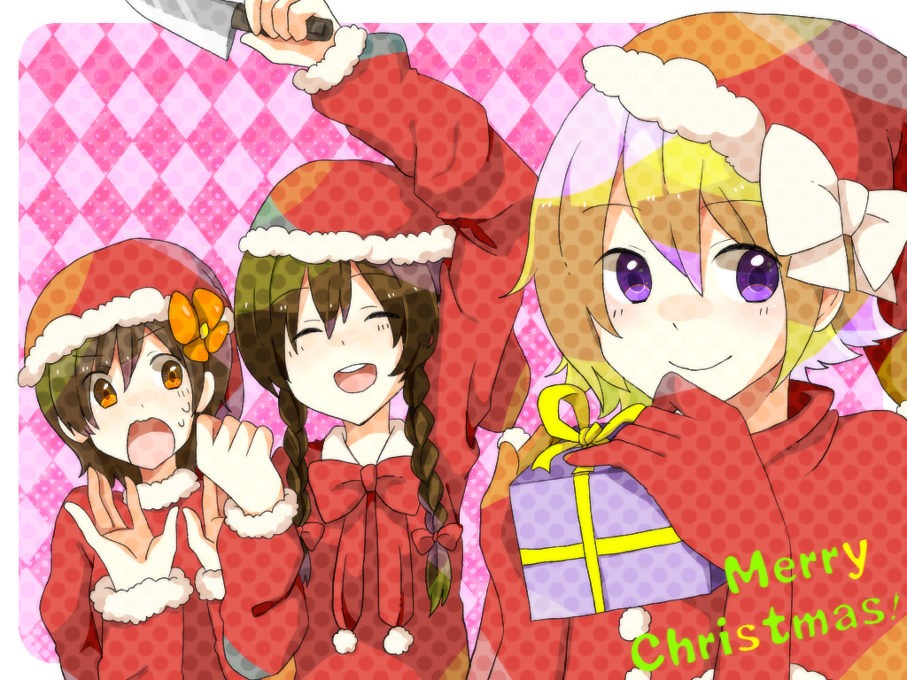 3girls argyle_background argyle_clothes bad_id bad_pixiv_id blonde_hair braid brown_hair chie_(lcddem) christmas closed_eyes english_text flower gift gloves hair_flower hair_ornament hands_up hat knife lcddem long_hair madotsuki merry_christmas multiple_girls nata_ichio open_mouth purple_eyes raised_eyebrows red_gloves ribbon santa_costume santa_hat short_hair smile twin_braids urotsuki yellow_eyes yume_2kki yume_nikki
