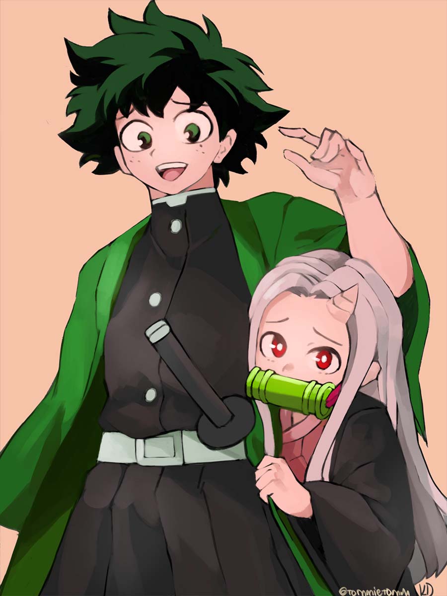 :d bit_gag boku_no_hero_academia cosplay eri_(boku_no_hero_academia) gag green_hair highres horns kamado_nezuko kamado_nezuko_(cosplay) kamado_tanjirou kamado_tanjirou_(cosplay) katana kimetsu_no_yaiba long_hair midoriya_izuku open_mouth pink_background red_eyes single_horn smile sword tommy_(kingdukeee) weapon