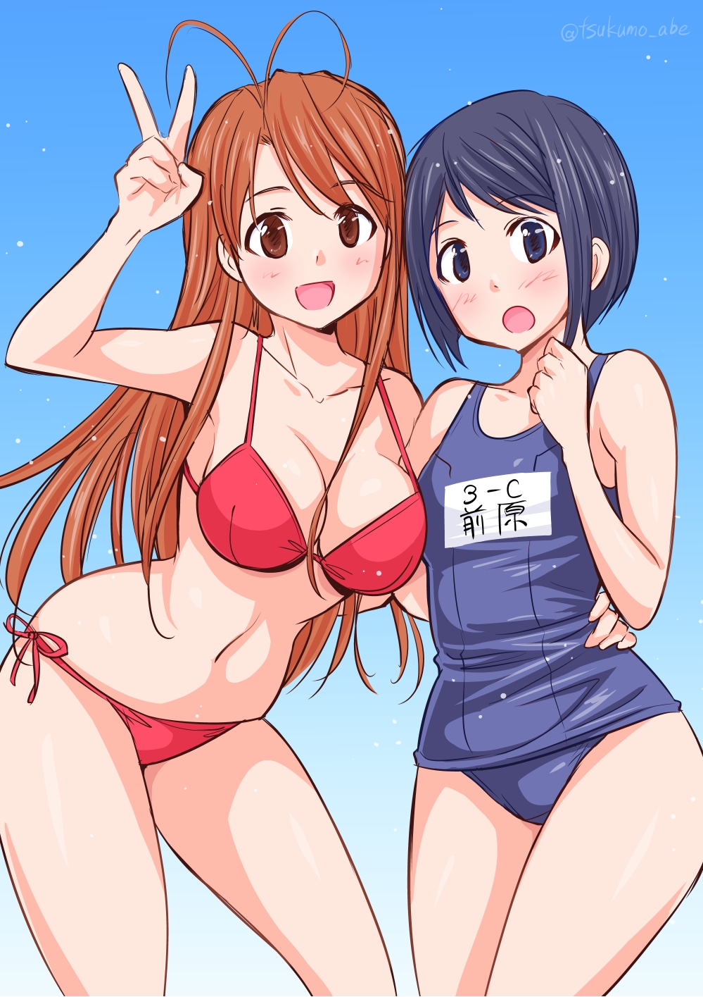 2girls :d :o abe_tsukumo antenna_hair arm_around_waist artist_name bare_shoulders bent_over bikini blue_background blue_eyes blue_hair blue_one-piece_swimsuit blush bob_cut breasts brown_eyes brown_hair character_name cleavage clenched_hand collarbone commentary cowboy_shot gradient_background hand_up highres large_breasts leaning_forward light_particles long_hair looking_at_viewer love_hina maehara_shinobu multiple_girls name_tag narusegawa_naru navel old_school_swimsuit one-piece_swimsuit open_mouth red_bikini school_swimsuit short_hair side-by-side side-tie_bikini_bottom signature small_breasts smile standing string_bikini surprised swept_bangs swimsuit translated twitter_username v very_long_hair white_background