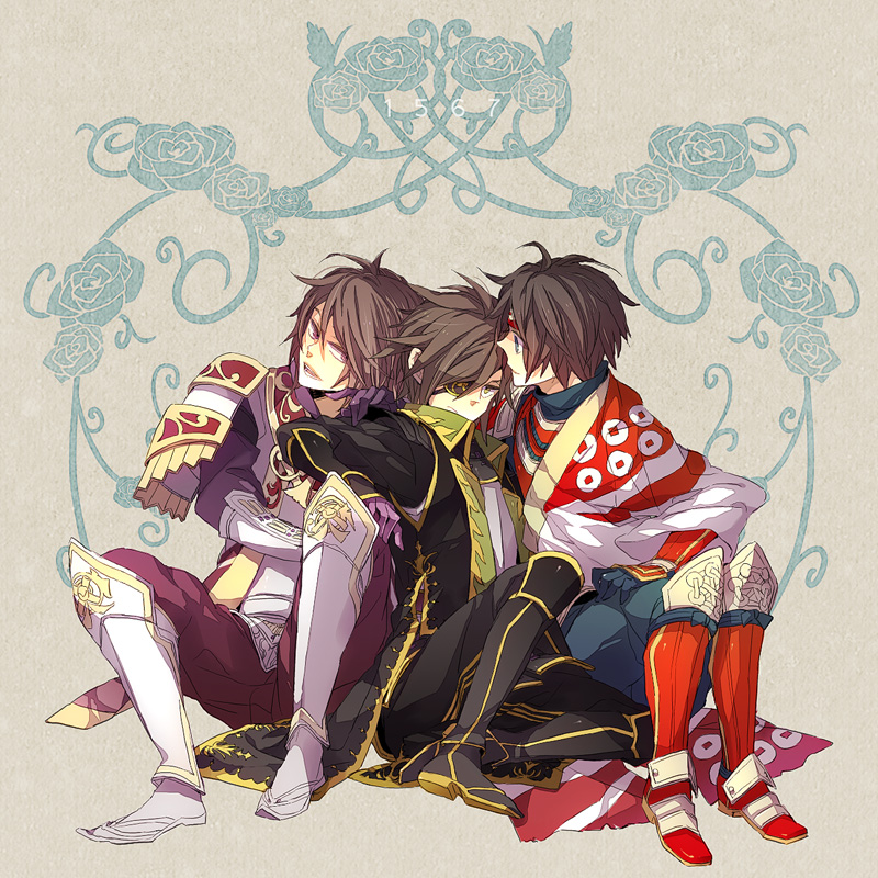 armor brown_hair coat date_masamune eyepatch sanada_yukimura_(sengoku_musou) sengoku_musou sitting tachibana_muneshige