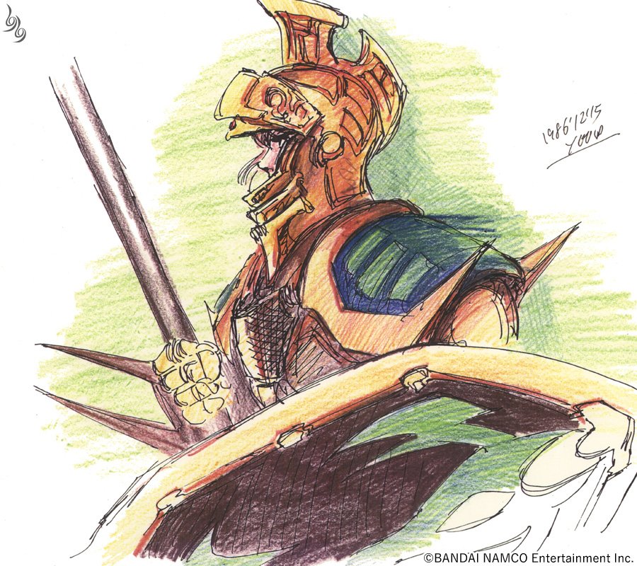 1980s_(style) 1boy armor bandai_namco brown_hair dated druaga_no_tou full_armor gilgamesh_(druaga) gold_armor helmet holding holding_shield holding_weapon male_focus official_art oldschool retro_artstyle shield shinozaki_yuichiro signature solo weapon