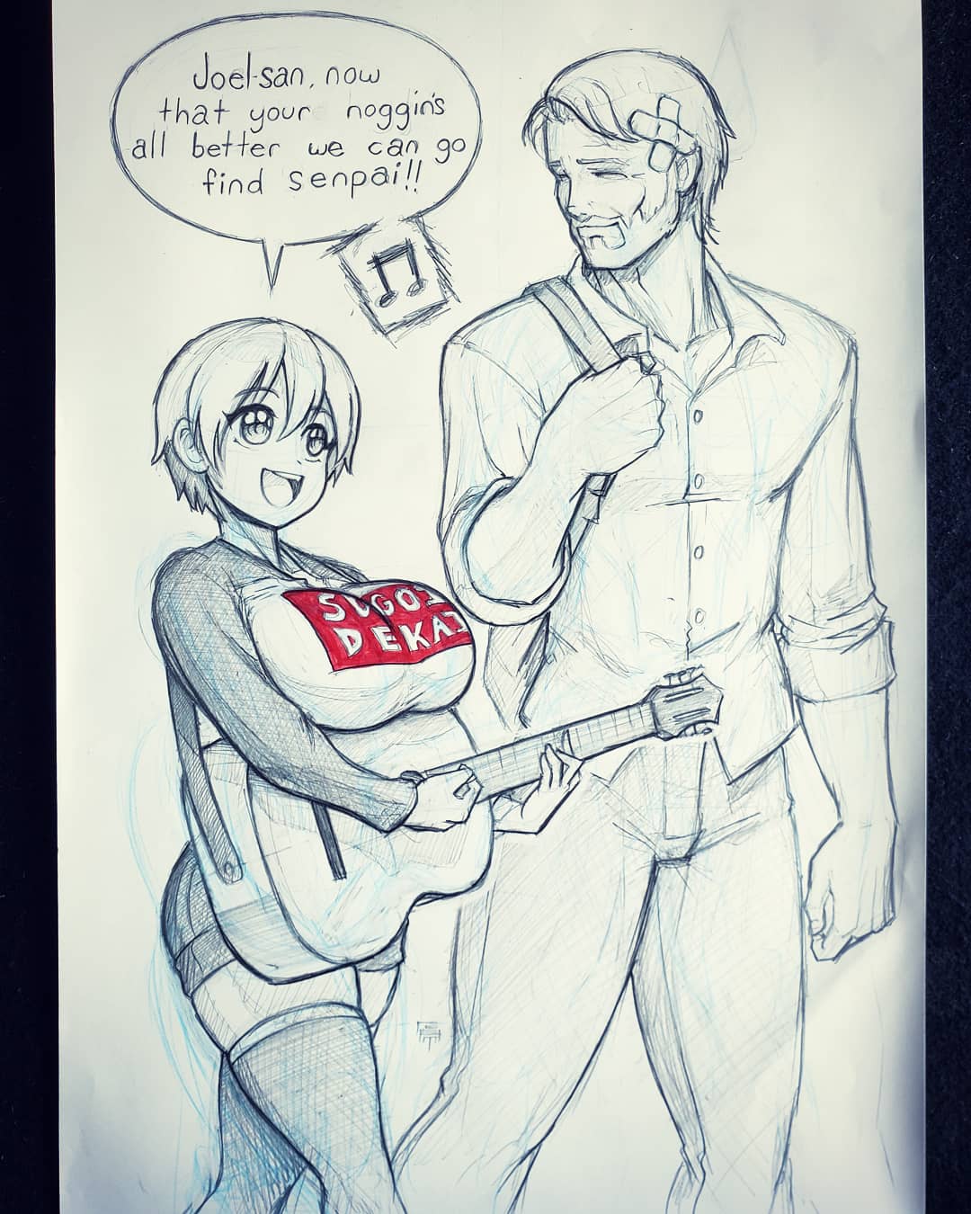 1boy 1girl bandaged_head bandages breasts closed_eyes commentary crossover english_commentary english_text guitar highres holding holding_instrument ink_(medium) instrument joel_(the_last_of_us) large_breasts leadapprentice looking_down looking_up monochrome musical_note speech_bubble spot_color sugoi_dekai the_last_of_us the_last_of_us_(series) thick_thighs thighhighs thighs traditional_media uzaki-chan_wa_asobitai! uzaki_hana walking