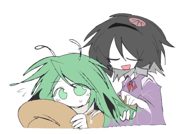 2others amanomiya_jun amanomori_shou androgynous black_hair black_hairband blush brown_headwear brown_jacket brushing_hair closed_eyes collared_shirt colored_skin commentary flying_sweatdrops green_eyes green_hair grey_shirt hairband hat holding holding_unworn_clothes holding_unworn_hat jacket len&#039;en ling_s medium_hair multiple_others neck_ribbon no_nose open_mouth other_focus purple_jacket red_ribbon ribbon shirt short_hair simple_background sketch smile sweat symbol-only_commentary unworn_hat unworn_headwear white_background white_skin
