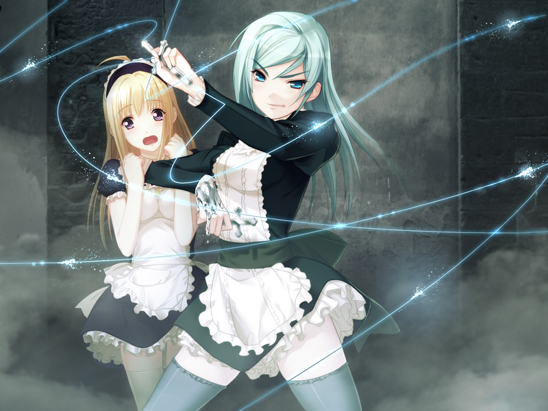 2girls ahoge anna_(gekkou_no_carnevale) apron aqua_eyes black_shirt black_skirt blonde_hair blush cowboy_shot floating_hair frilled_thighhighs frills game_cg gekkou_no_carnevale grey_hair grey_thighhighs holding layered_skirt long_hair long_sleeves looking_at_viewer lunaria maid maid_headdress miniskirt multiple_girls oosaki_shin&#039;ya open_mouth purple_eyes shirt skirt standing thighhighs wavy_mouth white_apron white_thighhighs zettai_ryouiki