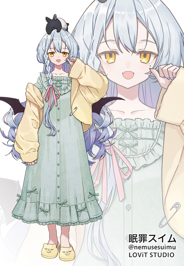 1girl :d animal animal_on_head animal_slippers bear_slippers black_wings blue_nails braid character_request commentary_request dress fangs flower frilled_dress frills green_dress grey_hair hair_between_eyes hair_over_shoulder iriam jacket long_hair long_sleeves mini_wings miyoshino mole mole_under_eye nail_polish off_shoulder official_art on_head open_clothes open_jacket open_mouth orange_eyes puffy_long_sleeves puffy_sleeves safety_pin simple_background single_braid sleeves_past_wrists slippers smile solo standing tapir very_long_hair virtual_youtuber white_background wings yellow_flower yellow_jacket zoom_layer