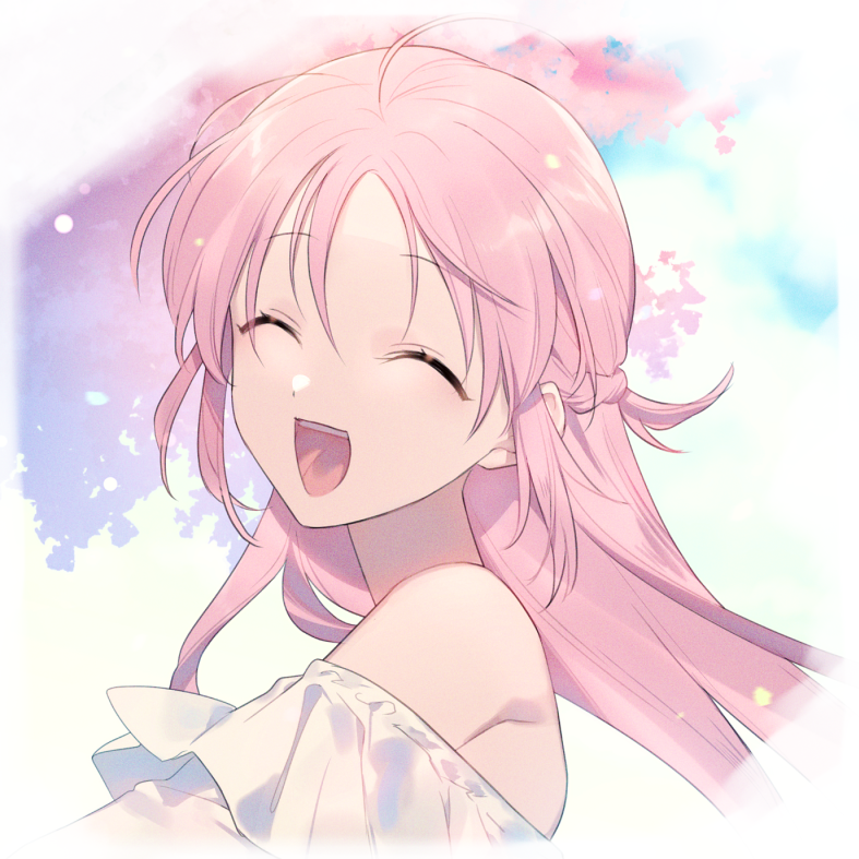 1girl bare_shoulders border cherry_blossoms closed_eyes commentary_request facing_viewer frilled_shirt frills from_side hinotta long_hair megami-ryou_no_ryoubo-kun off-shoulder_shirt off_shoulder open_mouth pink_hair portrait saotome_atena shirt smile solo teeth upper_teeth_only white_border white_shirt