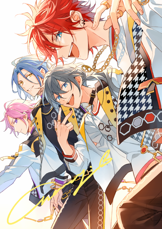4boys amagi_rinne blue_eyes blue_hair bracelet chain chain_necklace choker closed_mouth commentary crazy_b_(ensemble_stars!) earrings ensemble_stars! fingernails grey_hair hexagon_print himeru_(ensemble_stars!) jewelry long_hair long_sleeves male_focus multiple_boys necklace open_mouth oukawa_kohaku pink_hair ponytail purple_eyes red_hair ring seuga shiina_niki short_hair three-quarter_sleeves teeth tongue tongue_out upper_teeth_only yellow_eyes