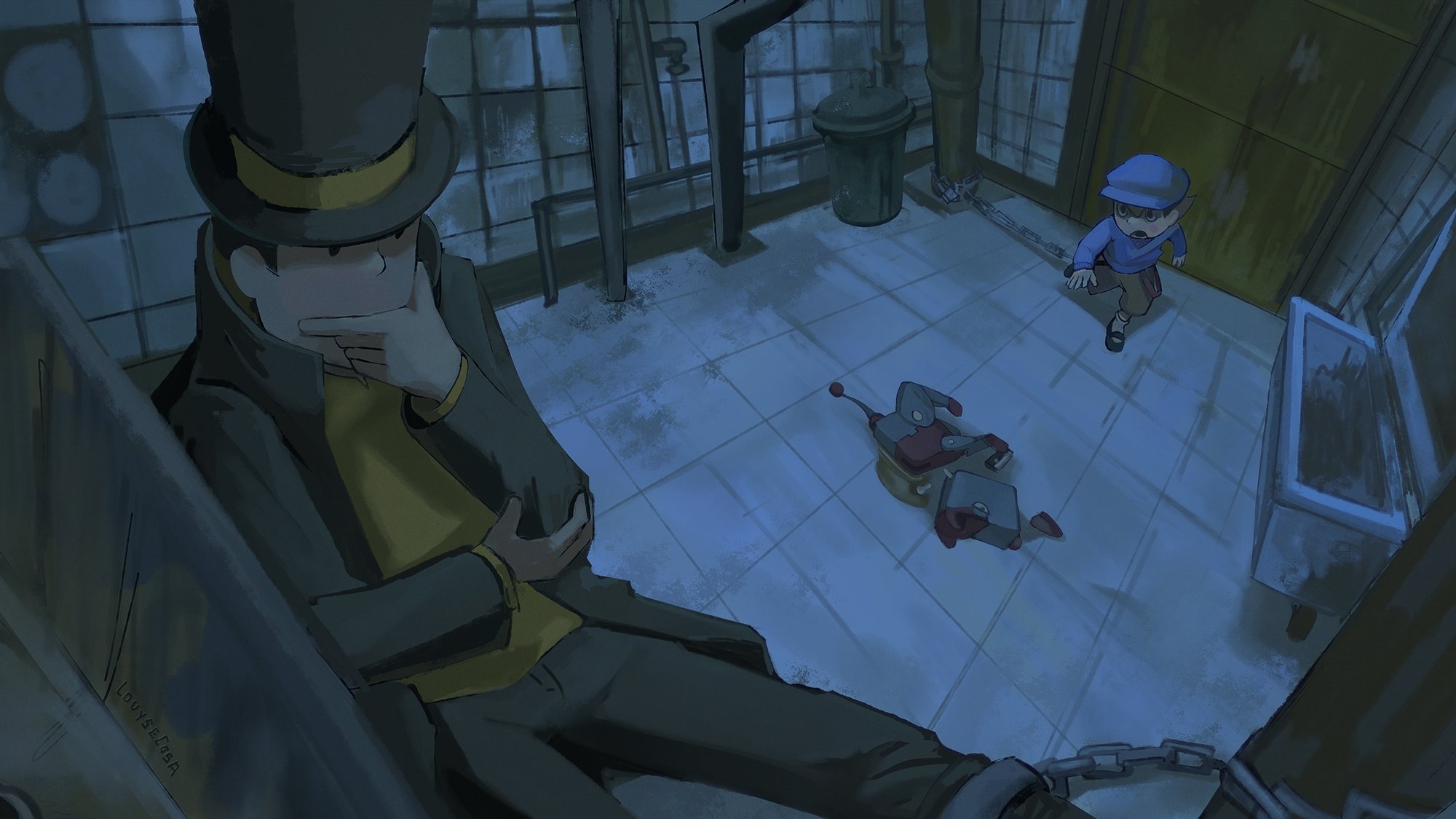 2boys chain chained child coat fisheye hand_on_own_chin hat hershel_layton highres indoors long_sleeves louyse_cosa luke_triton male_focus multiple_boys pants parody professor_layton saw_(movie) sink sitting standing standing_on_one_leg sweater thinking tile_floor tiles