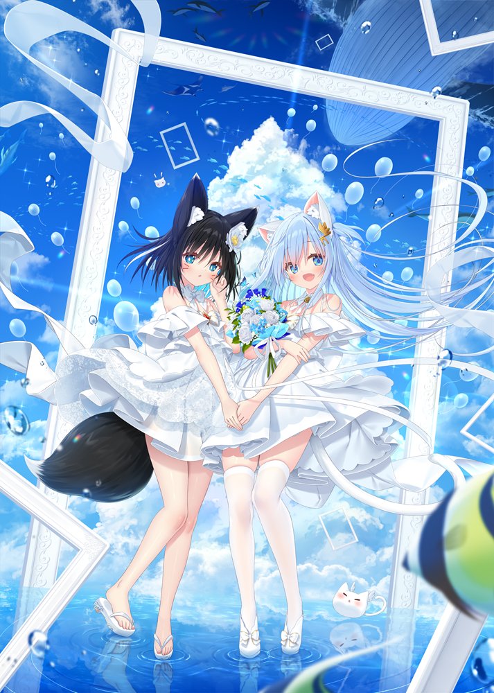 2girls animal_ears balloon black_hair blue_eyes blue_flower blue_hair blue_rose bouquet bow bowtie cat_ears cat_girl cat_tail character_request dress facial_mark fish flower footwear_bow hair_flower hair_ornament holding_hands long_hair manta_ray mint_(uchi_no_pet_jijou) moorish_idol multiple_girls open_mouth orca reflection reflective_water rose sandals tail thighhighs uchi_no_pet_jijou walking walking_on_liquid whisker_markings white_bow white_bowtie white_dress white_flower white_footwear white_rose white_thighhighs yano_mitsuki_(nanairo)